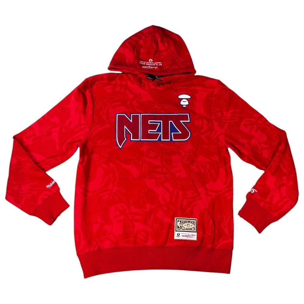 AAPE x Mitchell & Ness Brooklyn Nets Red Camo Hoodie Mens Large NBA NEW